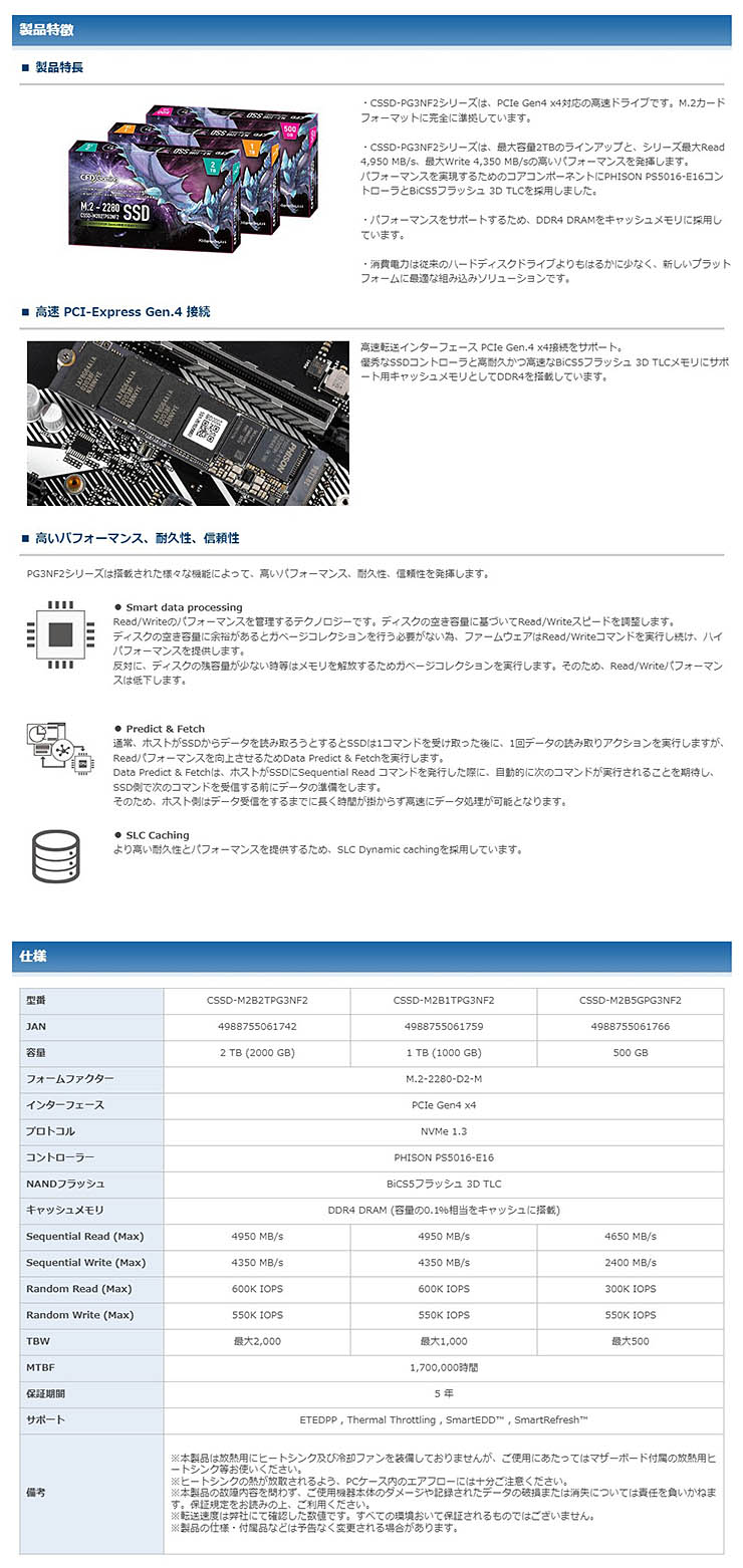 CFD PG3NF2 シリーズ M.2接続 SSD (2TB、1TB、500GB) CSSD-M2B1TPG3NF2 | PCパーツメーカーの